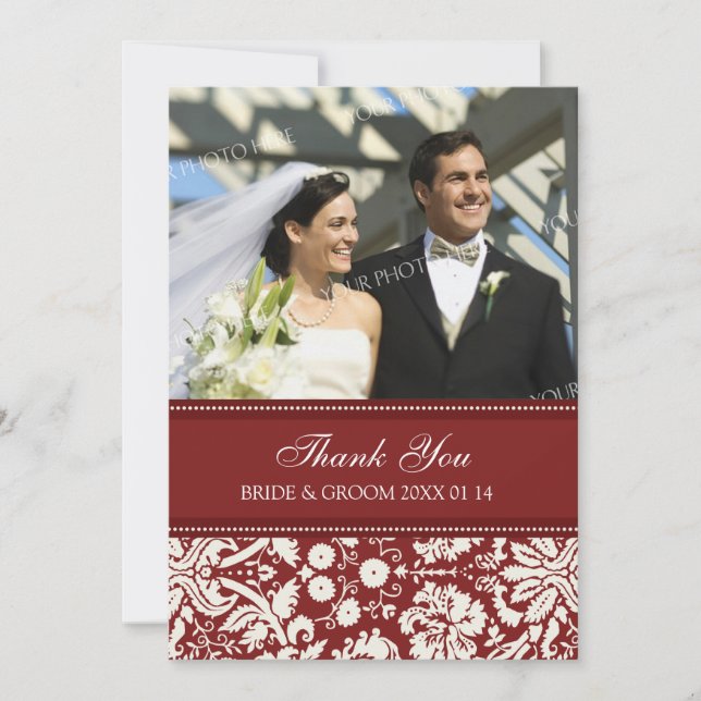 Mariage Merci Carte photo Red Damask (Devant)