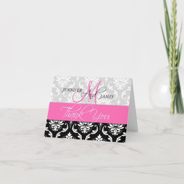 Mariage Merci Cartes Damask Monogramme Hot Pink (Devant)