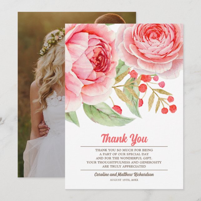 Mariage Merci de Carte photo Floral Aquarelle (Devant / Derrière)