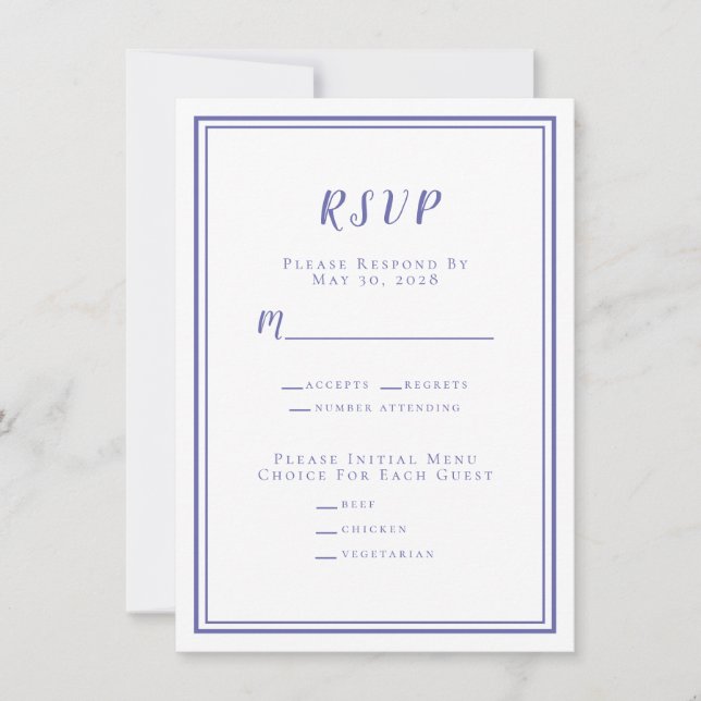 Mariage minimaliste moderne RSVP Menu Periwinkle (Devant)