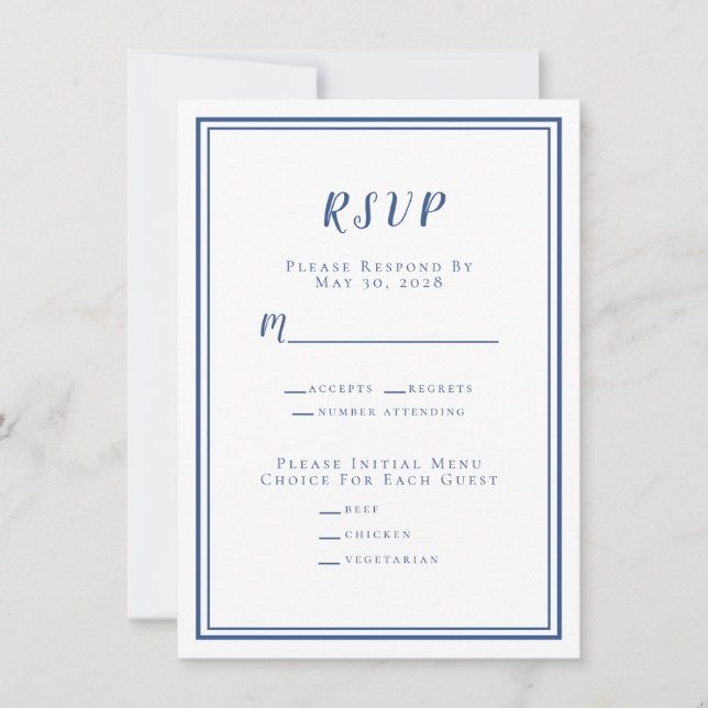 Mariage minimaliste RSVP Menu Bleu & Blanc (Devant)