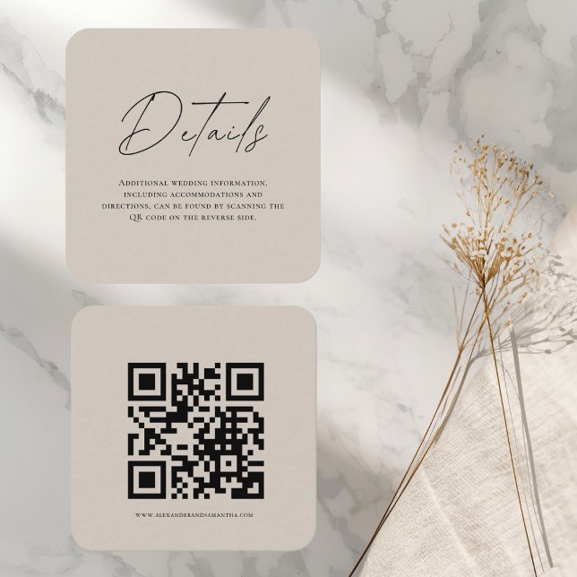 Mariage moderne beige Détails Carte avec code QR (Créateur téléchargé)