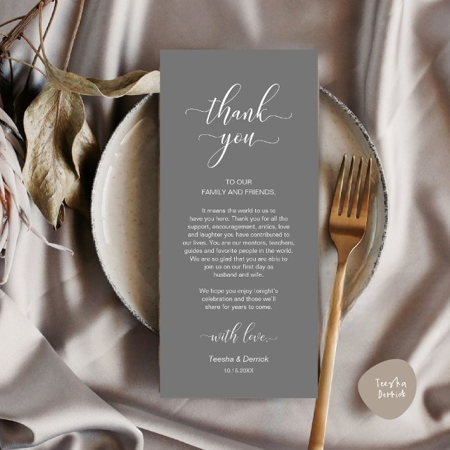 Mariage moderne Cadre Carte de remerciements (Modern Wedding Dinner Place Setting Thank You Card in Classy Dark Grey)
