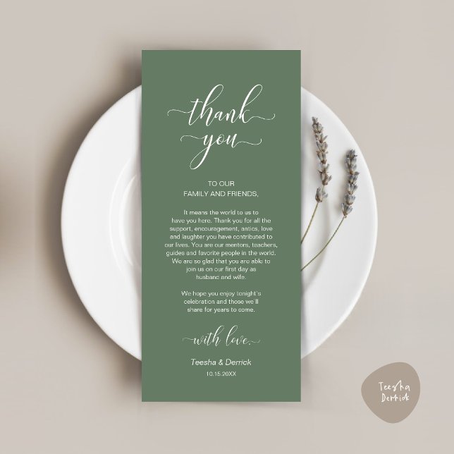 Mariage moderne Cadre Carte de remerciements (Modern Wedding Dinner Place Setting Thank You Card in Classy Forest Sage Green)