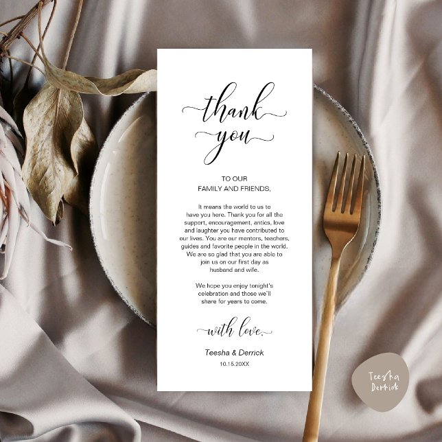 Mariage moderne Cadre Carte de remerciements (Modern Wedding Dinner Place Setting Thank You Card in Classy White Black)