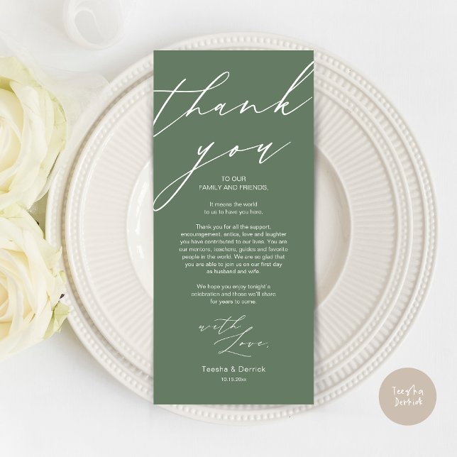 Mariage moderne Cadre Merci Carte Dîner (Wedding Dinner Place Setting Thank You Card, Modern Minimalist Script, in Sage Green)