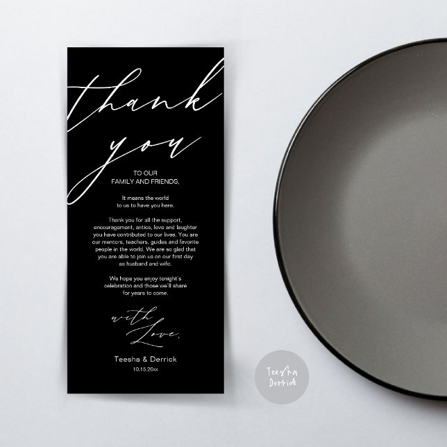 Mariage moderne Cadre Merci Carte Dîner (Wedding Dinner Place Setting Thank You Card, Modern Minimalist Script, in Classy Black)