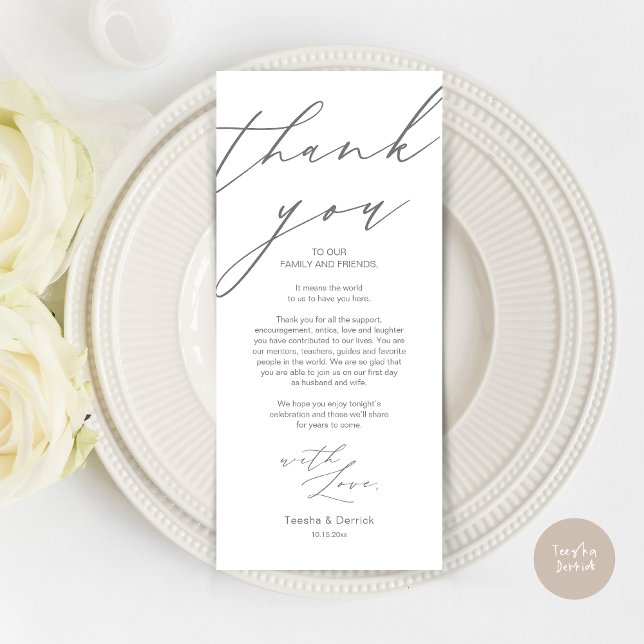 Mariage moderne Cadre Merci Carte Dîner (Wedding Dinner Place Setting Thank You Card, Modern Minimalist Script, in Dark Grey)