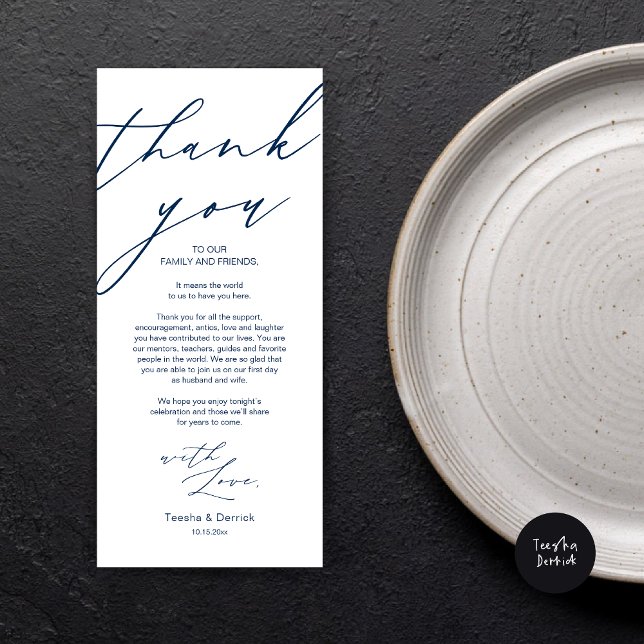Mariage moderne Cadre Merci Carte Dîner (Wedding Dinner Place Setting Thank You Card, Modern Minimalist Script, in Navy Blue)
