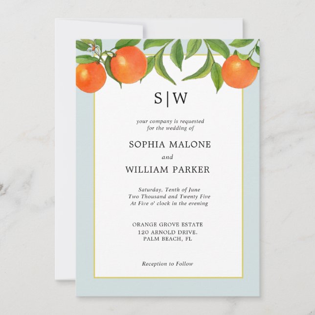 Mariage moderne Citrus avec Initiales Invitation (Devant)