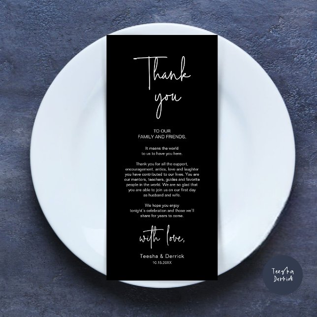 Mariage moderne Lieu Cadre Dîner Carte de remercie (Modern Romantic Wedding Place Setting Dinner Thank You Card, in Classy Black)
