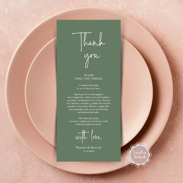 Mariage moderne Lieu Cadre Dîner Carte de remercie (Modern Romantic Wedding Place Setting Dinner Thank You Card, in Forest Sage Green)