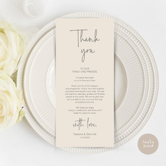 Mariage moderne Lieu Cadre Dîner Carte de remercie (Modern Romantic Wedding Place Setting Dinner Thank You Card, in Cream Grey)