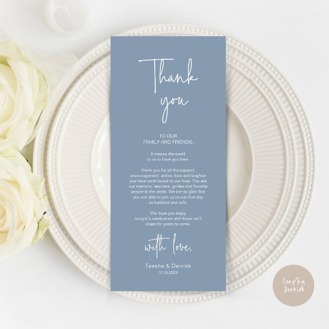Mariage moderne Lieu Cadre Dîner Carte de remercie (Modern Romantic Wedding Place Setting Dinner Thank You Card, in Dusty Blue)