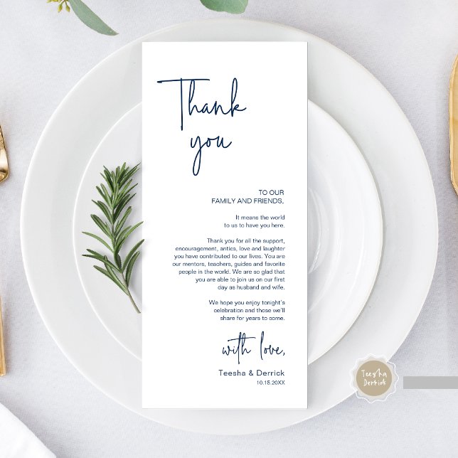 Mariage moderne Lieu Cadre Dîner Carte de remercie (Modern Wedding Dinner Place Setting Thank You Card, in Handwriting Script, Navy Blue)