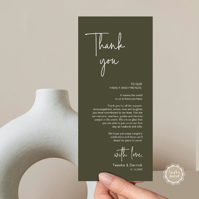 Mariage moderne Lieu Cadre Dîner Carte de remercie (Modern Wedding Dinner Place Setting Thank You Card, in Handwriting Script, Olive Sage Green)