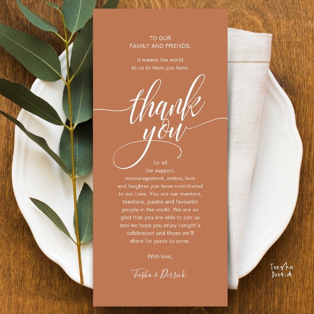 Mariage moderne Script Carte de remerciements Dîne (Modern Script Wedding Guest Dinner Reception Brunch Lunch Thank You Card in Copper Brown Terracotta)