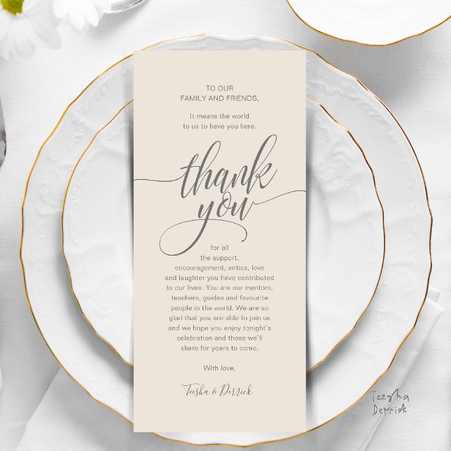 Mariage moderne Script Carte de remerciements Dîne (Modern Script Wedding Guest Dinner Reception Brunch Lunch Thank You Card in Classy Warm Cream Grey)