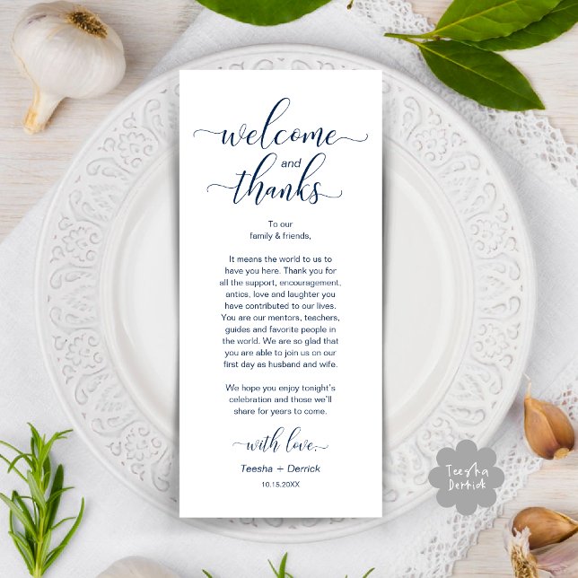 Mariage moderne Table Place Cadre Carte de remerci (Modern Wedding Dinner Brunch Lunch Table Place Setting Thank You Card in Classy Navy Blue)