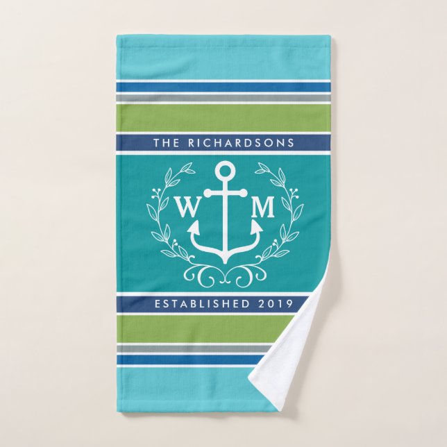 Mariage Monogram Ancre Laurel Wreath Aqua Stripes (Serviette à main)