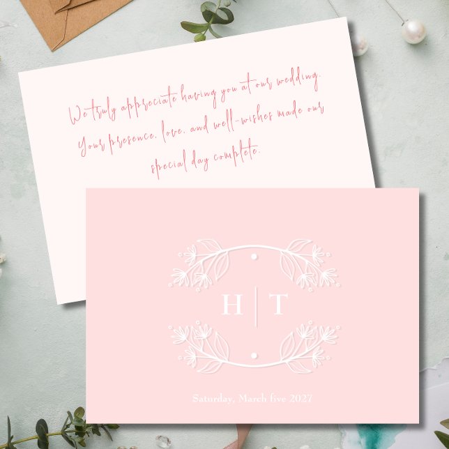 Mariage Monogram Crest rose carte de remerciements (Wedding Monogram Crest pink blush thank you card)