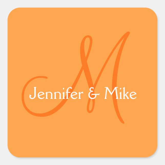 Mariage Monogram Orange Stickers Carré (Devant)