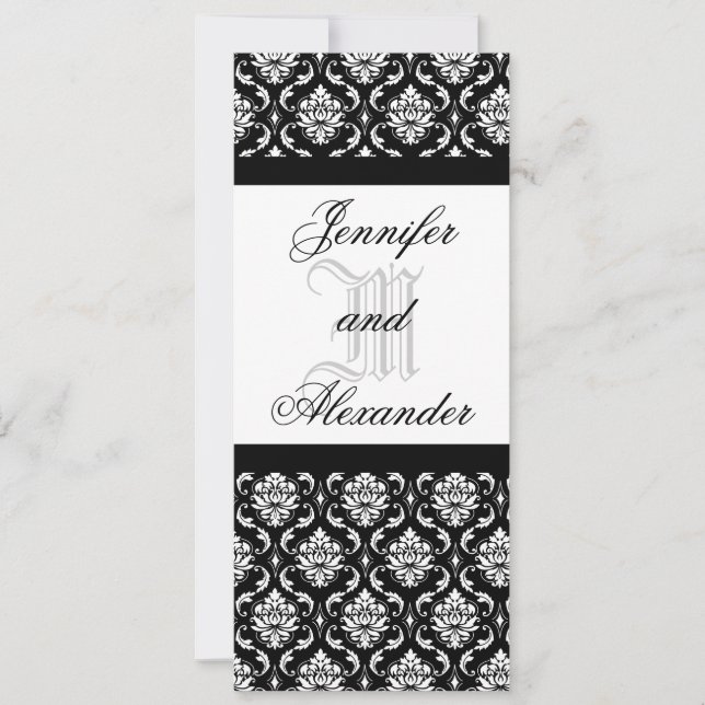 Mariage Monogramme Invitation à Damas noir et blan (Devant)