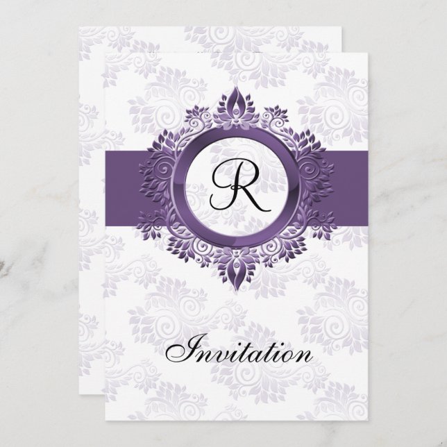 mariage monogramme violet fleuri Invitations (Devant / Derrière)