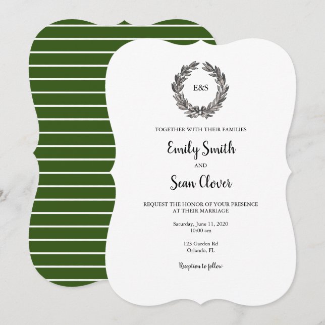 Mariage Monogramme Wreath Green Stripe Invitation (Devant / Derrière)