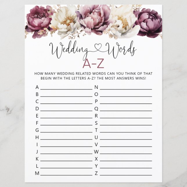 Mariage Mots Fête des mariées A-Z Feuille de jeu (Devant)