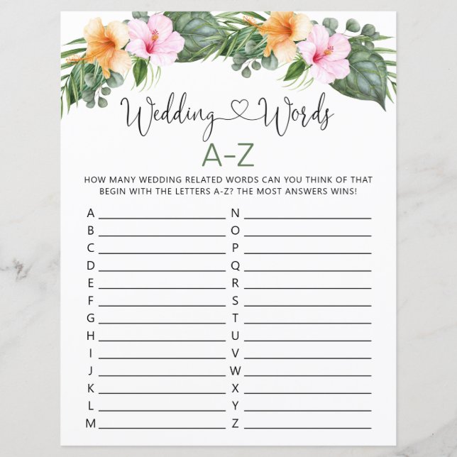 Mariage Mots Fête des mariées A-Z Feuille de jeu (Devant)