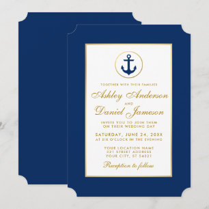 Mariage nautique Ancre bleue et Gold Invitation