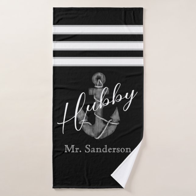 Mariage nautique Ancre florale Black White Beach (Serviette de bain)