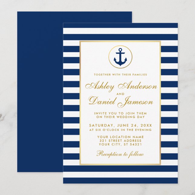 Mariage Nautique Bleu Grilles Or Invitation GB (Devant / Derrière)