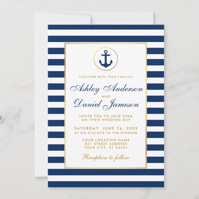 Mariage Nautique Bleu Grilles Or Invitation W (Devant)