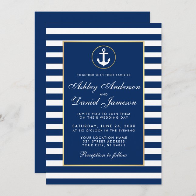 Mariage nautique Bleu  Invitation B (Devant / Derrière)