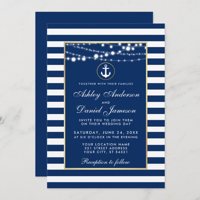 Mariage Nautique Bleu Rayures Invitation B (Devant / Derrière)