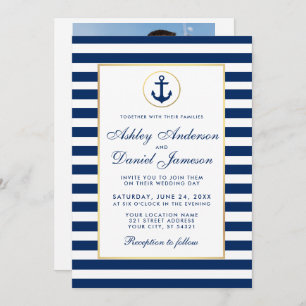 Mariage Nautique Bleu Rayures Invitation B Photo R
