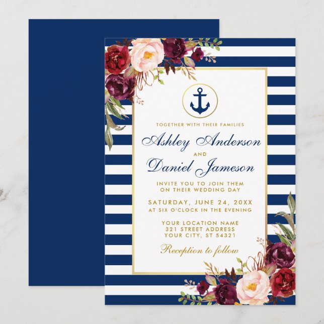 Mariage Nautique Bleu Stripes Bourgogne Invitation (Devant / Derrière)