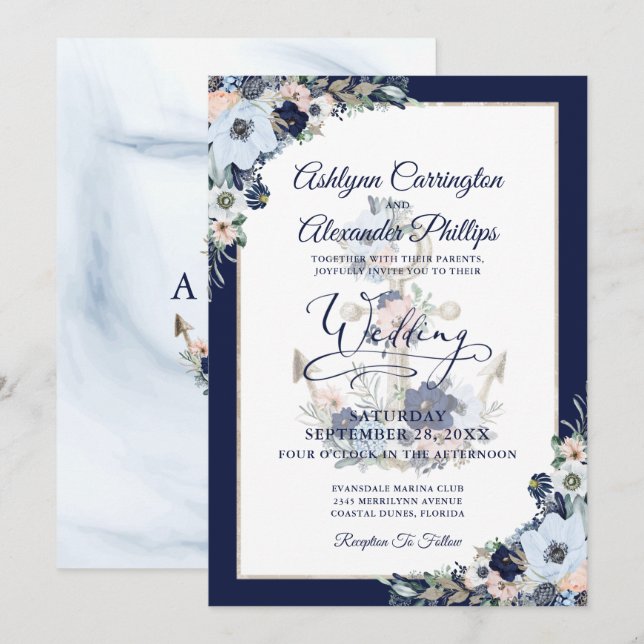 Mariage nautique Elégant Floral Ancre Invitation (Devant / Derrière)