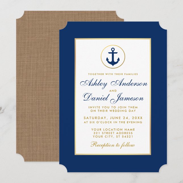 Mariage nautique Invitation bleue et or B (Devant / Derrière)