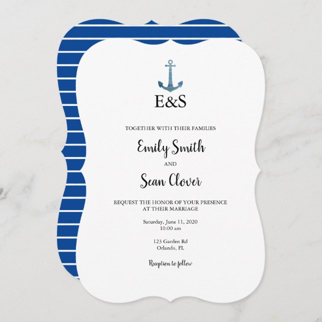 Mariage nautique Monogram Blue Stripe Invitation (Devant / Derrière)