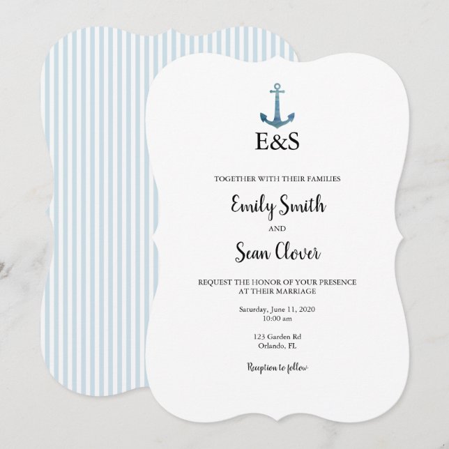 Mariage nautique Monogram Blue Stripe Invitation (Devant / Derrière)