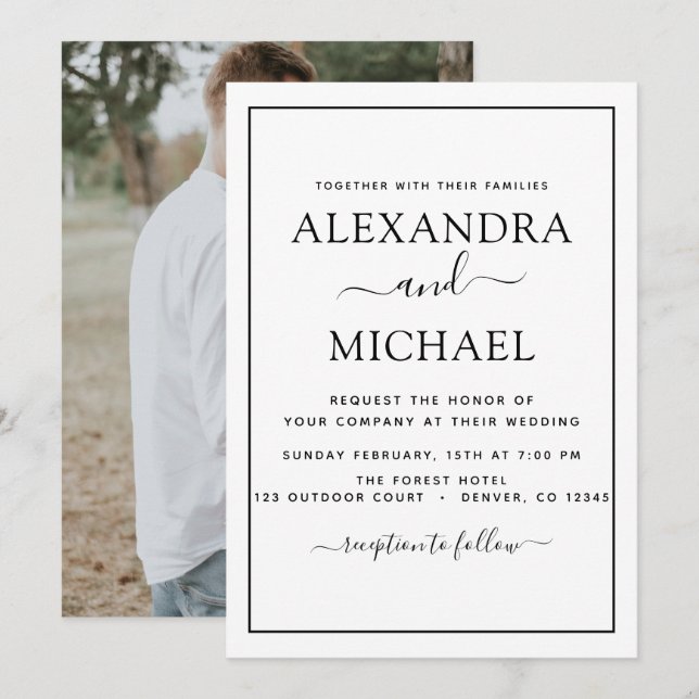 Mariage noir blanc Romantique Photo Invitation (Devant / Derrière)