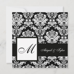 Mariage noir Monogramme Damask Invitation