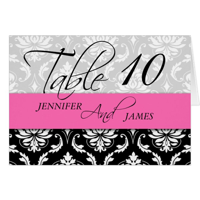 Mariage Numéro de table Cartes Damask Hot Pink (Devant Horizontal)