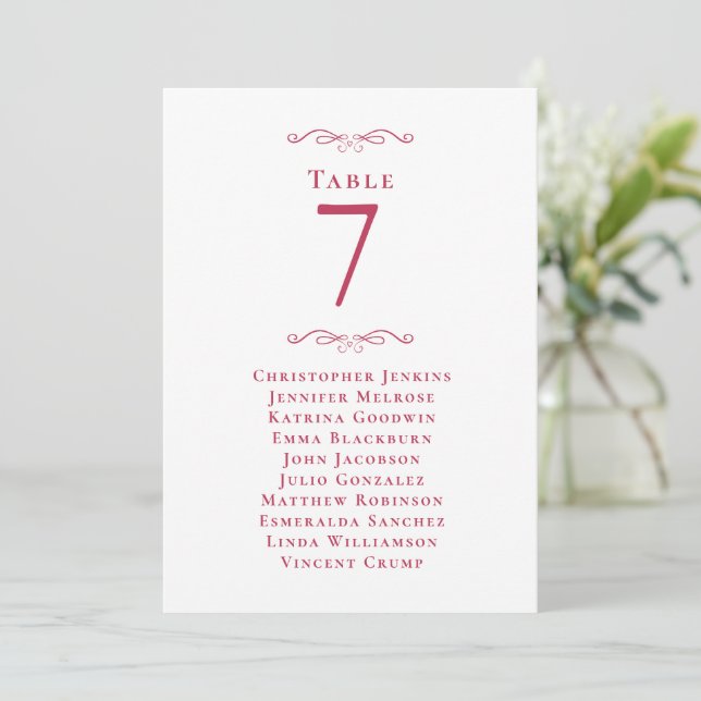 Mariage Numéro de table Magenta Red Guest Carte (Debout devant)