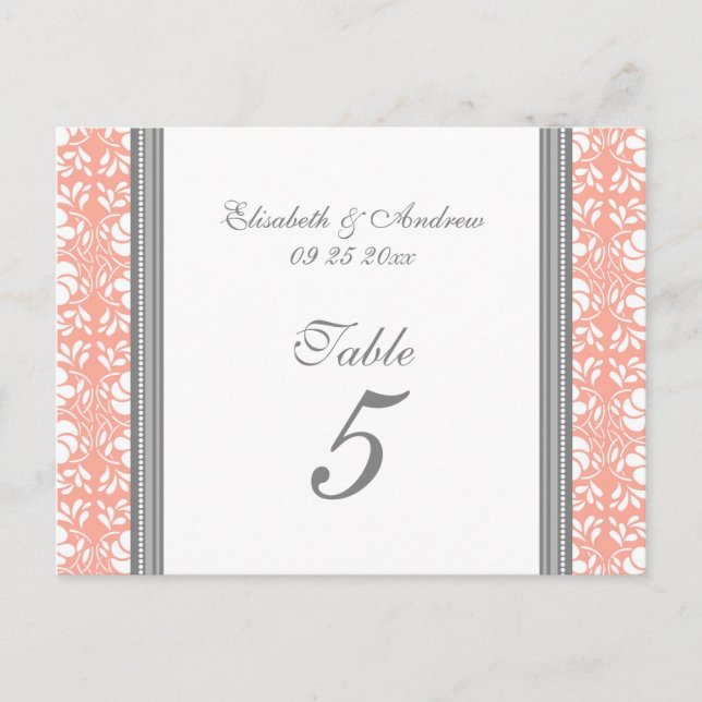 Mariage Numéro de tableau Cartes Coral Grey Damask (Devant)