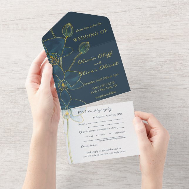 Mariage Orchidée Bleu Doux tout en une invitation (Déchirure)