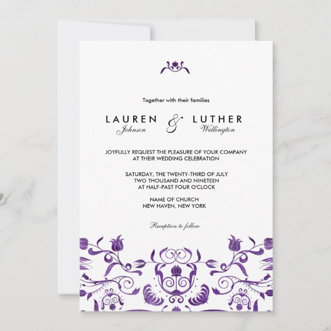 Mariage ou Invitations nuptiaux floraux en mauve 3 (Devant)